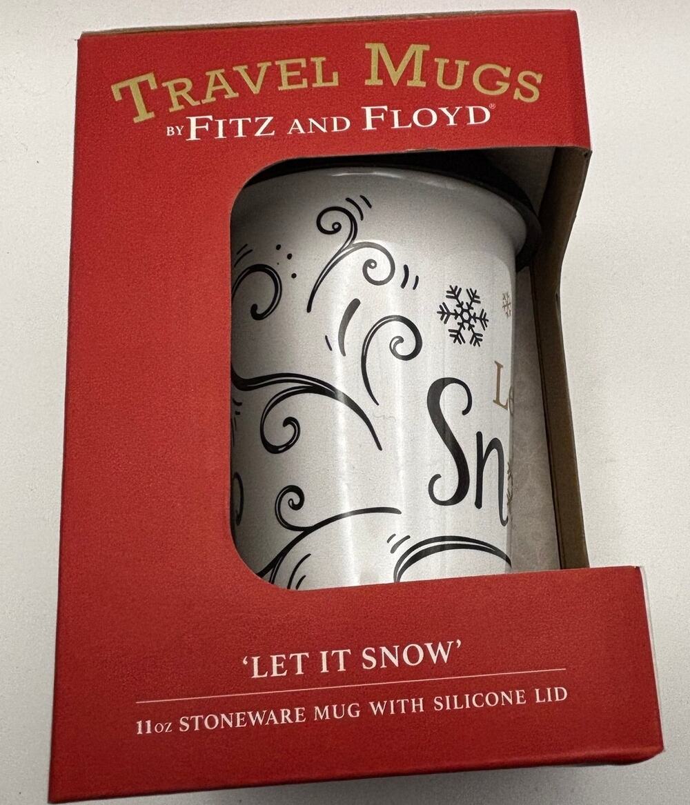 Fitz and Floyd Let It Snow Travel Mug 11oz Stoneware New in Box Holiday Cup